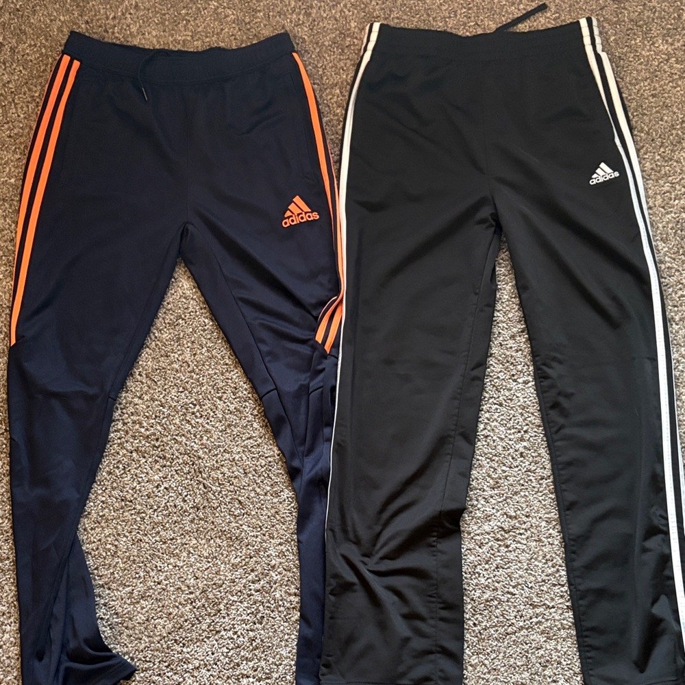 Adidas Kids' Navy and Black Joggers with Orange and White Accents